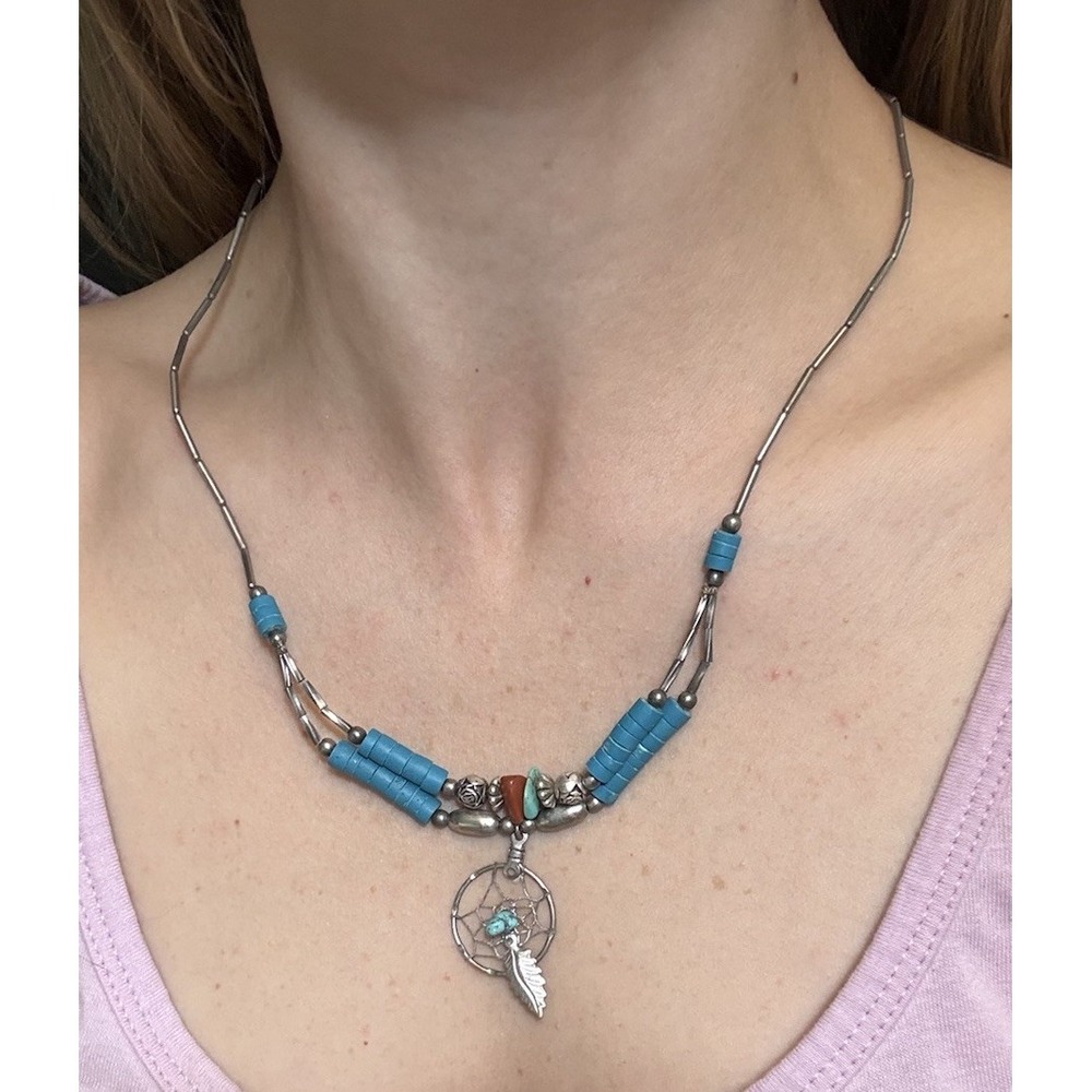 Vintage Native American Turquoise Dream Catcher Silver 925 Pendant Necklace 9"